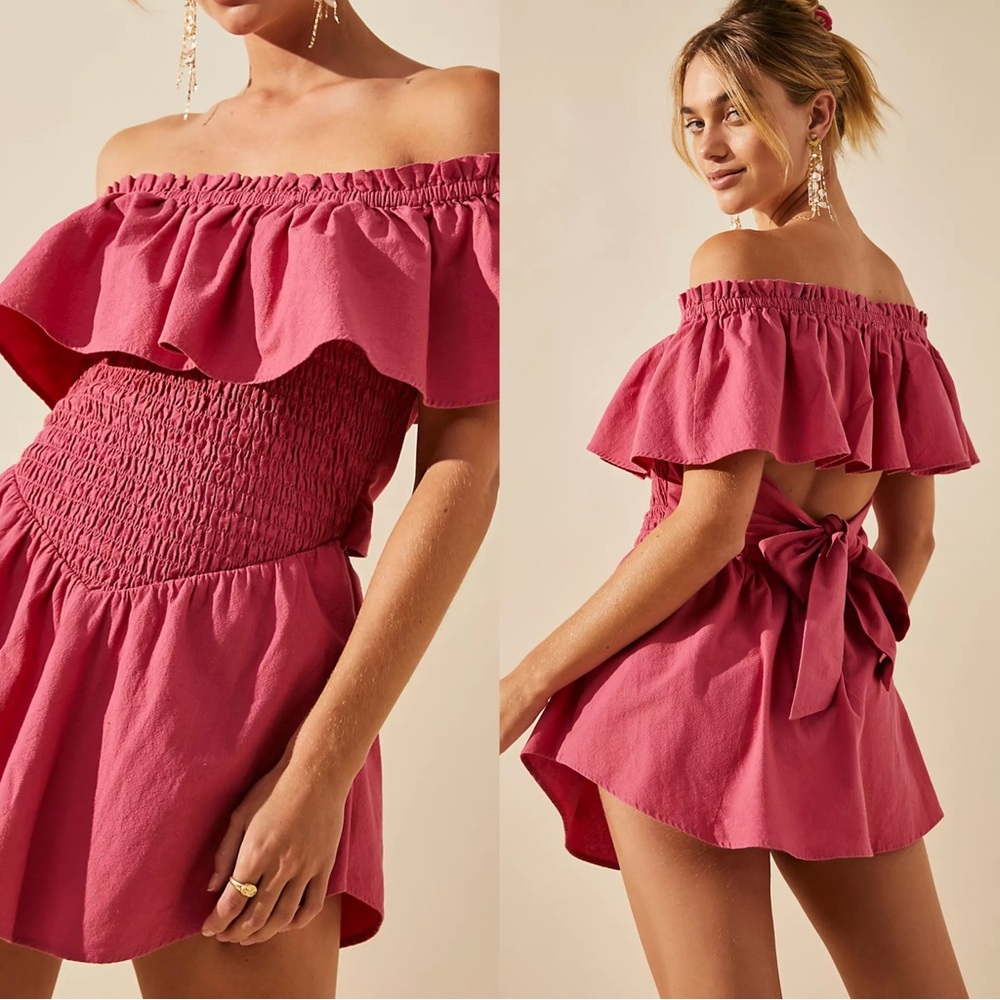 Free People The Look One-Piece in Berry Drop Waist Tie Back Pink Mini Dress